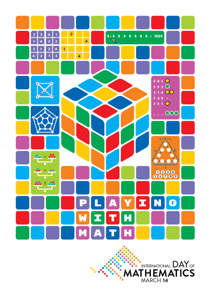 El cartel del Día Internacional de las Matemáticas 2024, que este año se basa en el lema Jugando con las matemáticas.