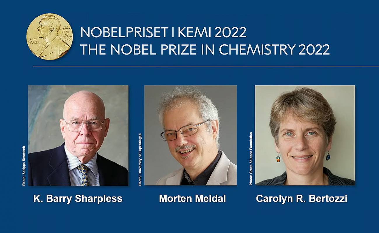Los tres galardonados con el Nobel de Química 2022. / Nobel Prize/Scripps Research/Universidad de Copenhague/Grace Science Fundation