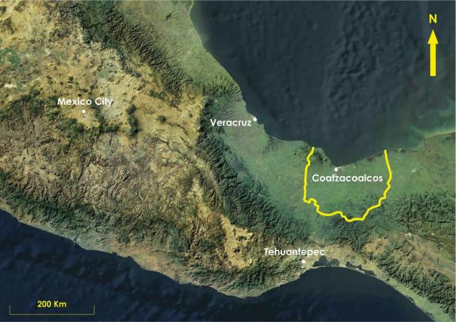 Ubicación de la Provincia de Coatzacoalcos en una imagen satelital moderna.
