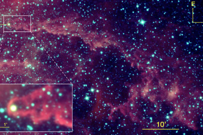 Imagen infrarroja de UJT-1 y la estela que deja a su paso obtenida con el telescopio espacial WISE. La ampliación inferior muestra con más detalle el frente de choque formado alrededor de la estrella.