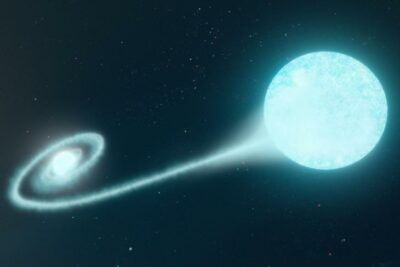 Concepción artística del sistema que produjo la supernova, en el que una estrella enana blanca absorbe material de su estrella compañera.