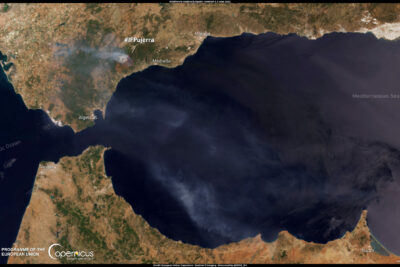 Imagen de fuego en Andalucía tomada por Sentinel 3 de Copernicus