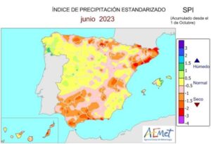 Mapa de España con la representación del año hidrológico en junio de 2023 / AEMET