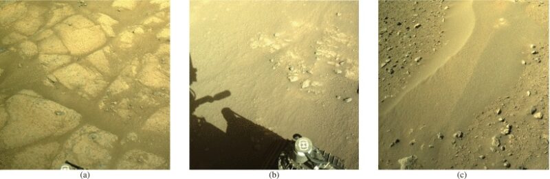 Ejemplos de imágenes del conjunto de datos Navcam de Perseverance tomadas en los soles (días marcianos) 193, 237 y 118, respectivamente. (a) Lecho de roca. (b) Suelo intermedio. (c) Suelo arenoso